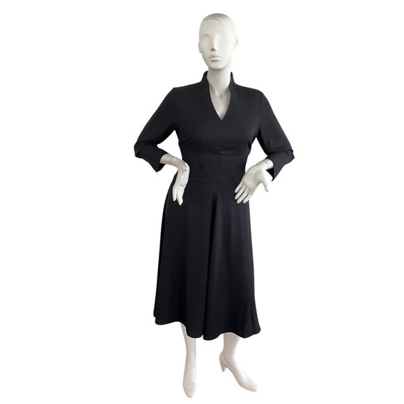 Misook Elegant Midi Black Fit & Flare Dress V-neck M Structured Crepe M - Picture 1 of 10